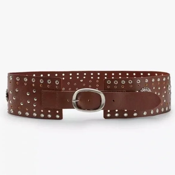 ZARA LEATHER BELT WITH FLORAL DETAIL - STUDDED WIDE BELT - Picture 4 of 7